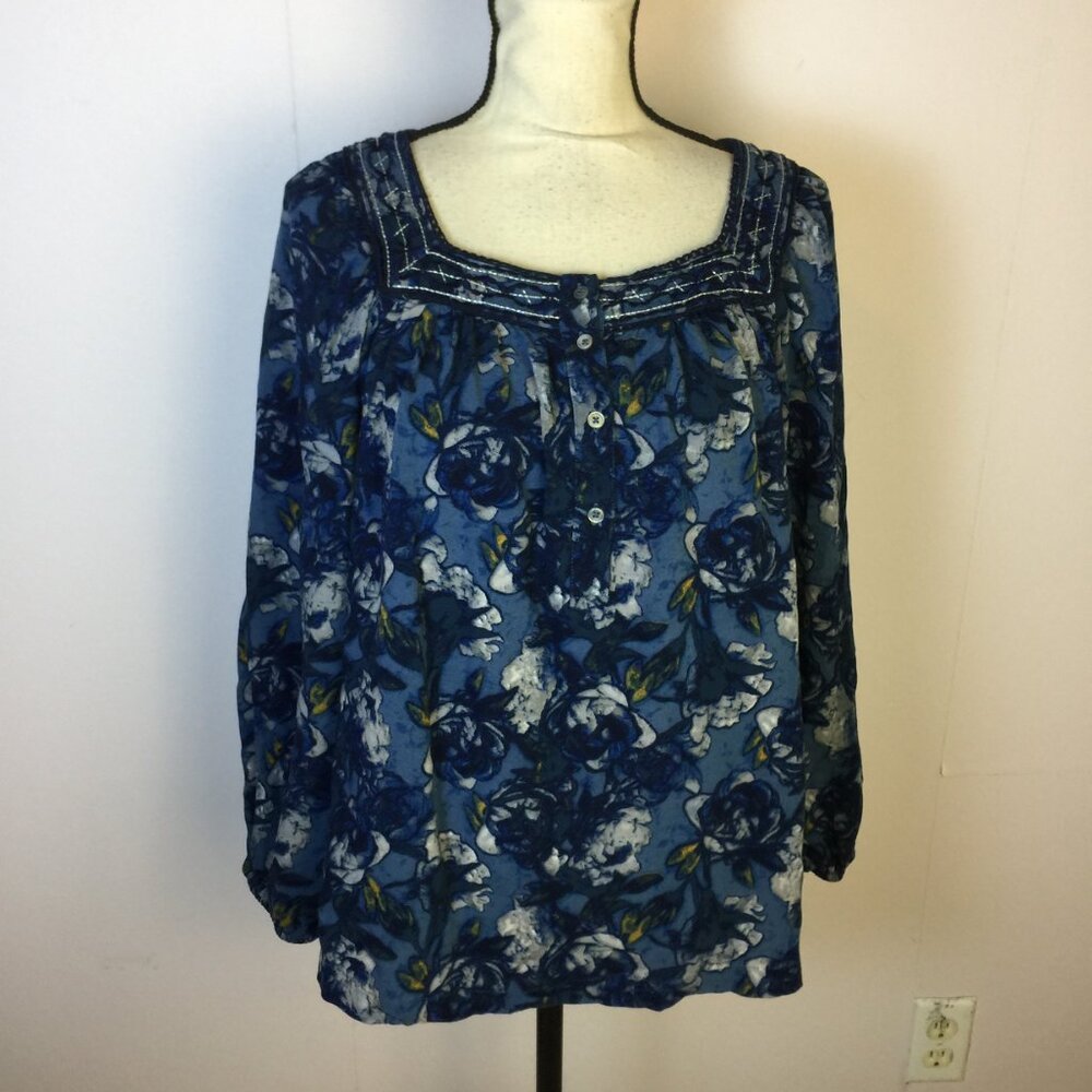 Caffe Marrakesh Blouse Shirt Size M Womans Blue Floral Square Neck Peasant Rayon